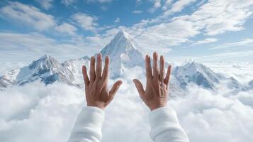 Hands reaching towards majestic mountain range above clouds photo