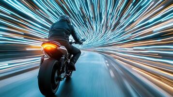 Speeding motorbike rider in dynamic light trail at night photo