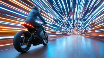 motorbike rider speeds through vibrant night scene, creating dynamic light trail photo