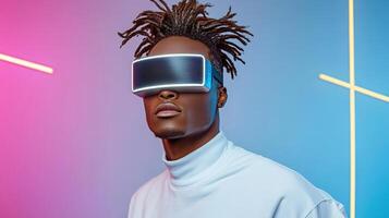Futuristic man wearing VR headset with neon lights in background photo