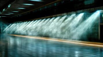 Mysterious train station with ghostly fog and dramatic lighting effects photo
