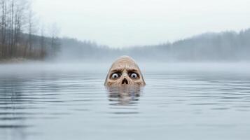 hollow eyed apparition emerges from foggy lake, creating eerie atmosphere photo