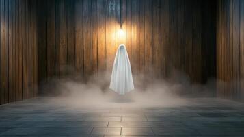 ghostly figure in white sheet stands in foggy, dimly lit room photo