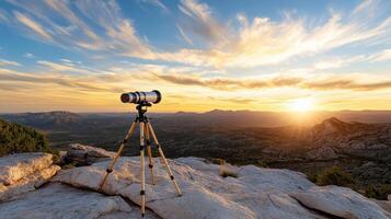 photographer telescope on tripod captures stunning sunset view photo