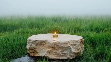serene stone shrine with candle in foggy field, evoking tranquility photo