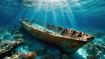 massive ancient shipwreck rests on ocean floor, surrounded by vibrant coral photo