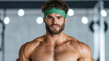 Muscular man with green headband posing confidently in gym photo