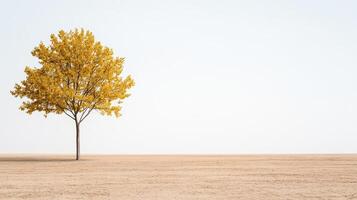 solitary yellow tree stands in barren landscape under clear sky photo