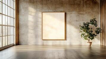 serene, empty gallery space with blank canvas and potted plant photo