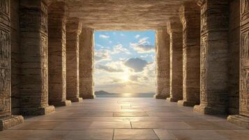 stunning ancient temple with intricate carvings and beautiful sunset view photo
