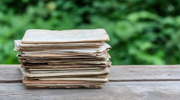 Old letters stacked on wooden table, evoking nostalgia and history photo