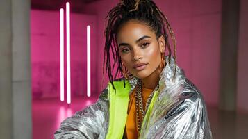 Stylish fashion shoot featuring model in shiny jacket and vibrant background photo