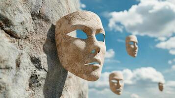 Surreal floating masks on rocky surface against blue sky photo