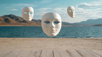 Surreal floating masks above serene lake with mountains in background photo