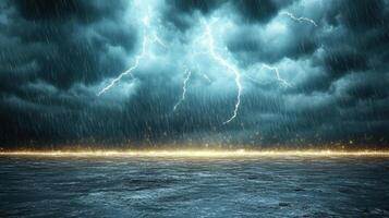 Dramatic thunderstorm with lightning and heavy rain over ocean photo