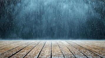 thunderstorm with motion blurred raindrops falling on wooden surface photo