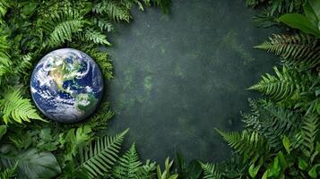 vibrant globe surrounded by lush greenery symbolizes environmental awareness photo