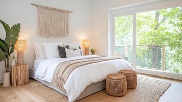 warm bohemian style bedroom featuring eclectic decor and natural light photo