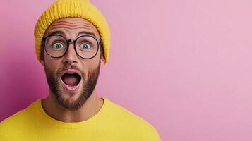 Surprised man with glasses and yellow beanie against pink background photo
