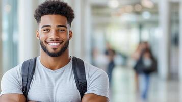 Smiling young man with backpack in modern hallway photo