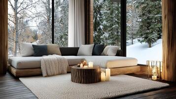 cozy candlelit room with comfortable sofa and winter scenery photo