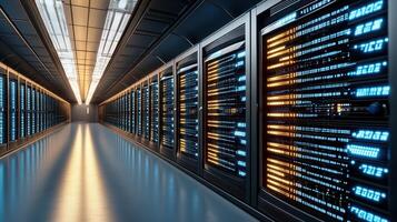 High tech data center with illuminated server racks and cables photo