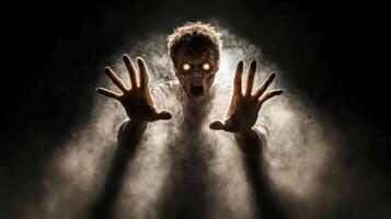 decaying ghoul with glowing eyes emerges from misty darkness, evoking fear photo