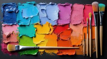 vibrante pintor paleta con varios colores y cepillos arreglado artísticamente foto