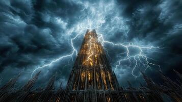 towering castle illuminated by lightning amidst dark storm clouds photo