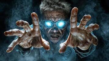 decaying ghoul with glowing eyes reaching out from misty graveyard photo