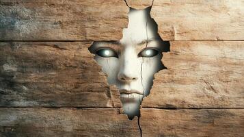 mysterious face emerges from cracked wood, evoking intrigue and eeriness photo