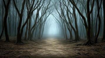 dark forest with twisted trees and mysterious path leading into fog photo