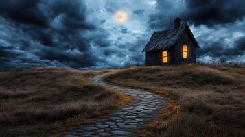 mysterious house on hill under dark, cloudy sky with glowing window photo