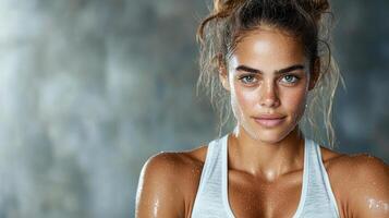 determined woman with beads of sweat on her face after workout photo