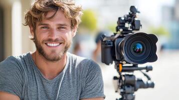 smiling man with camera, capturing moments outdoors photo
