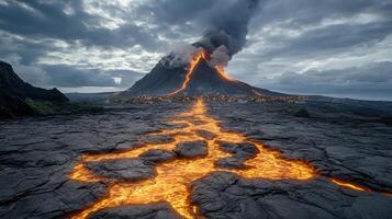 volcanic eruption with flowing lava and village in danger photo