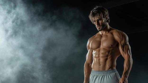 muscular man with defined abs stands confidently in gym setting photo