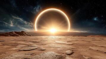 stunning view of sunrise on distant planet with rocky terrain photo