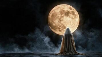 mysterious figure draped in white gazes at full moon photo