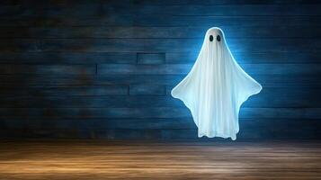 glowing transparent ghost hovering above wooden floor in dark room photo