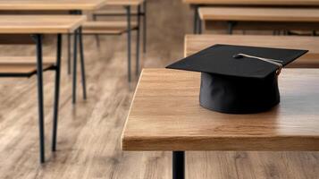 graduation cap resting on empty school desk, symbolizing achievement and future photo