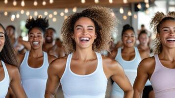 group of friends laughing and enjoying Zumba style workout together photo