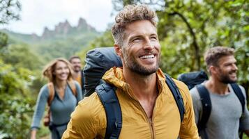 group of friends hiking in forest, enjoying nature and laughter photo