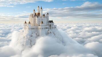majestic castle floating above clouds, surrounded by serene sky photo