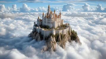 majestic castle surrounded by clouds on mountain peak photo