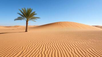 solitary palm tree stands in vast desert landscape with rippled sand photo