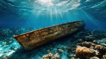 massive ancient shipwreck resting on ocean floor, surrounded by coral photo