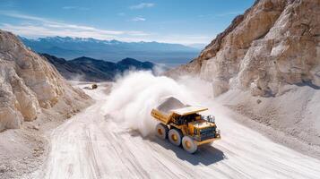 Heavy mining truck transporting materials on dusty mountain road photo