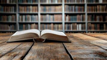 open book rests on wooden table in library, surrounded by shelves of books photo