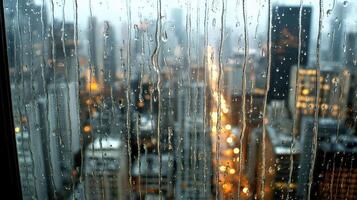 rainy window with streaks of water, revealing blurred city view photo